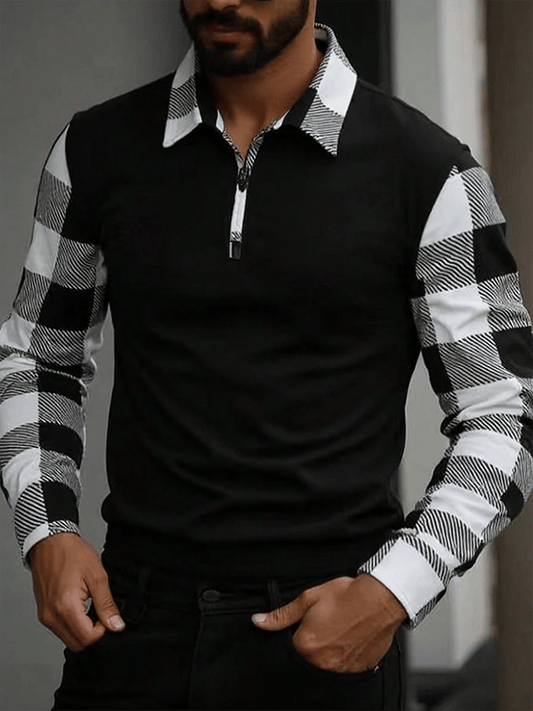 Men's Business Plaid Contrast Patchwork Zipper Lapel Long-Sleeved T-Shirt