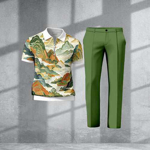 Men's Casual Green Mountain Printed Polo Short-Sleeve T-Shirt And Pants Two-Piece Set