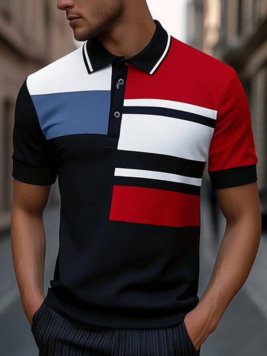 Men's Business Stripe Logo Button-Down Short Sleeve Polo Shirt