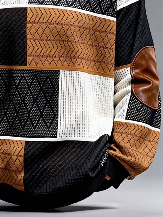 Men's Retro Color Block Print Zipper Sweatshirt