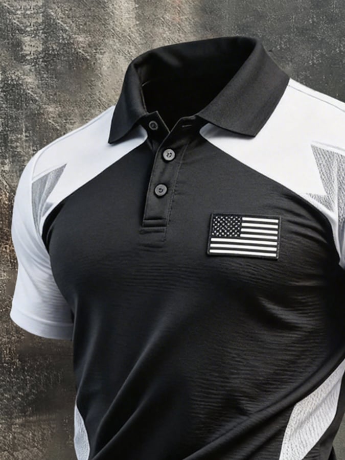 Men's Retro Patriotic Color-Block Short-Sleeve Polo Shirt