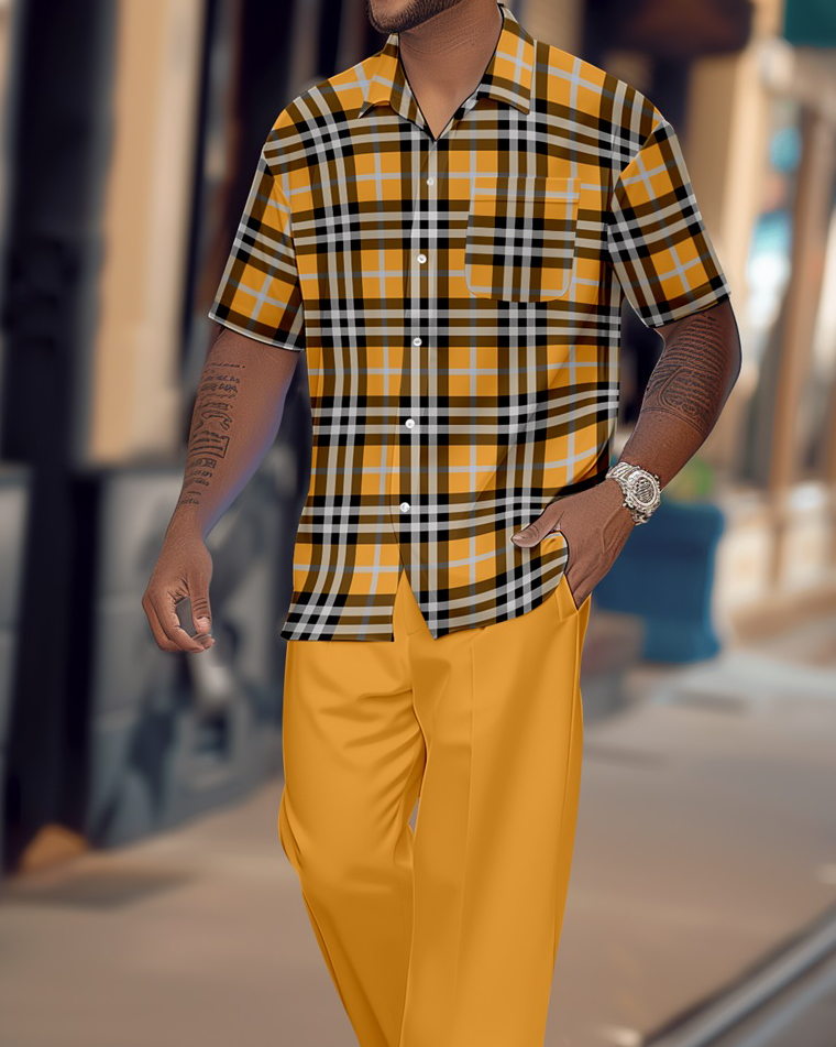 Men's Retro Plaid Colorblock Short Sleeve Shirt Walking Suit 1650