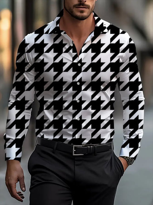 Men's Classic Business Plaid Stripe Print Long Sleeve Shirt