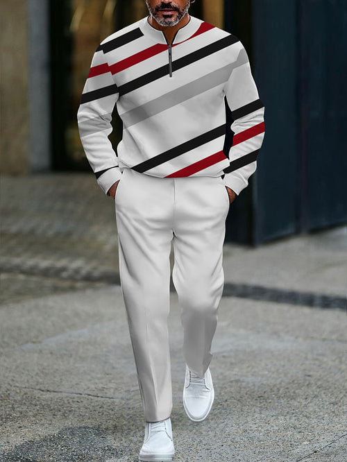 Men's Casual Color Matching Printed Round-Neck Zipper Long Sleeved Trousers Two-Piece Set