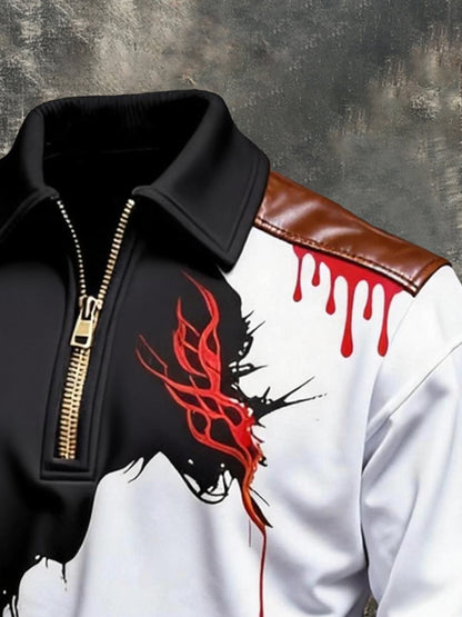 Men's Vintage Color-Block Printed Zip-Up Hoodie