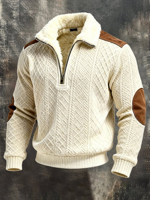Men'S Vintage-Style Textured Color-Block Warm Long-Sleeved Sweatshirt