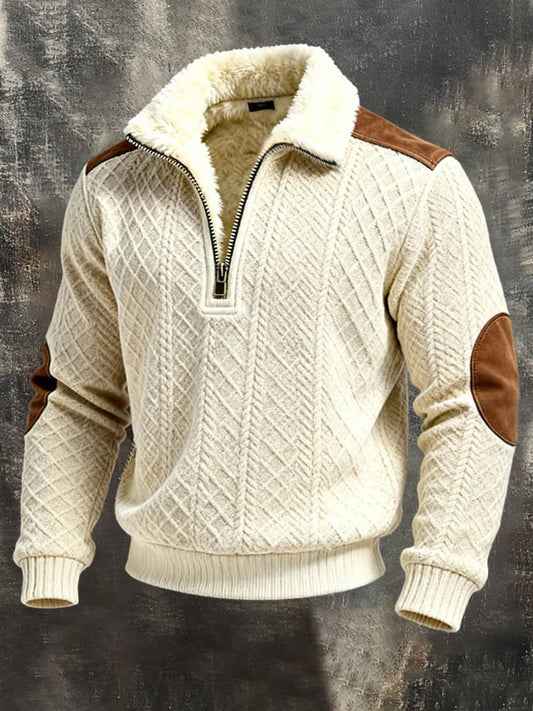 Men'S Vintage-Style Textured Color-Block Warm Long-Sleeved Sweatshirt