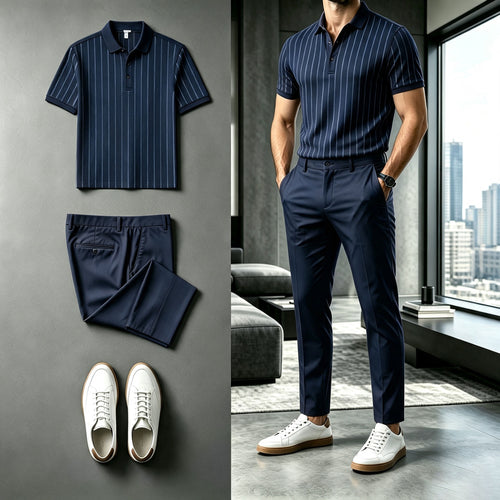 Men's Striped Short-Sleeve Polo Shirt and Pants Set
