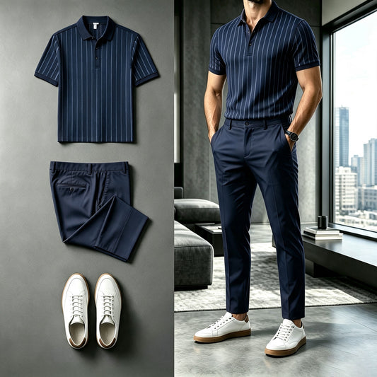 Men's Striped Short-Sleeve Polo Shirt and Pants Set