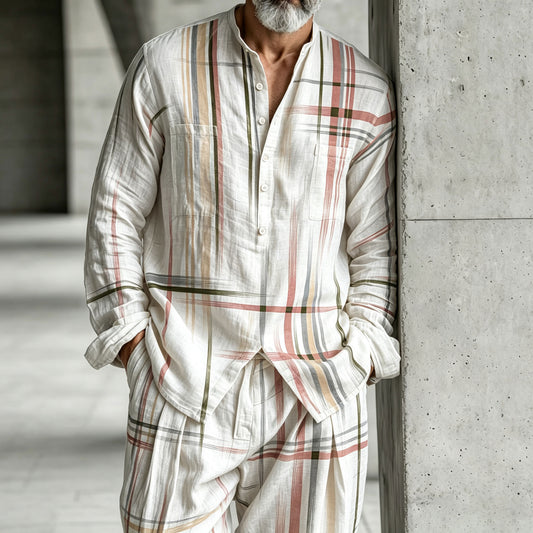 Men's Color-Blocked Stand-Collar Half-Open Henley Shirt and Pants