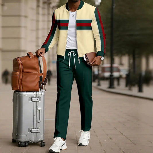 Men's Two-Piece Set: Color-Blocked Printed Zip-Up Cardigan and Pants