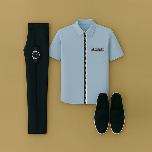 Men's Casual Black & Blue Color Matching Printed Short Sleeved Lapel Collar Shirt & Trousers Two-Piece Set