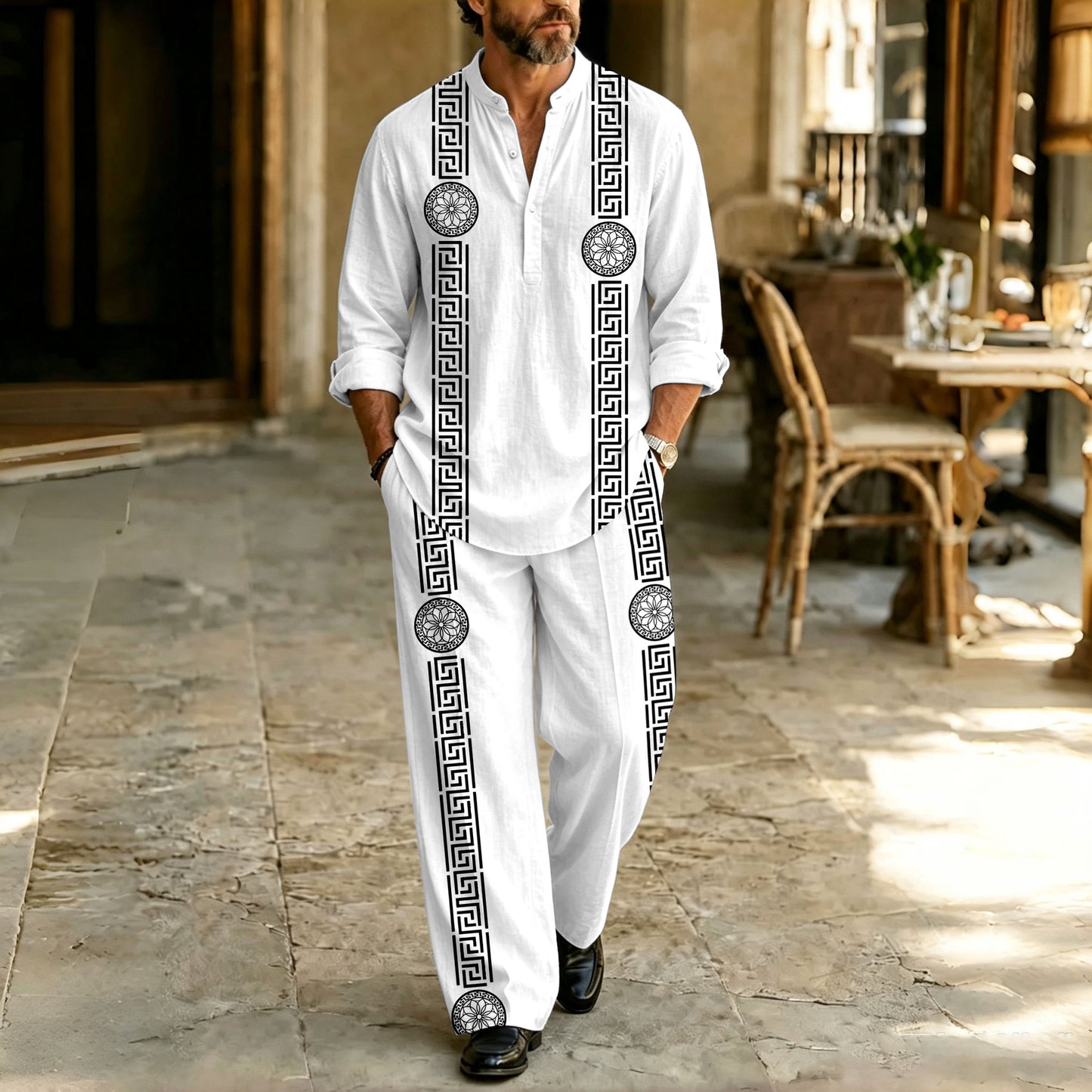 Men's Symmetrical Print Stand-Collar Polo Shirt and Pants Set