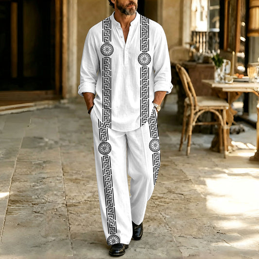 Men's Symmetrical Print Stand-Collar Polo Shirt and Pants Set