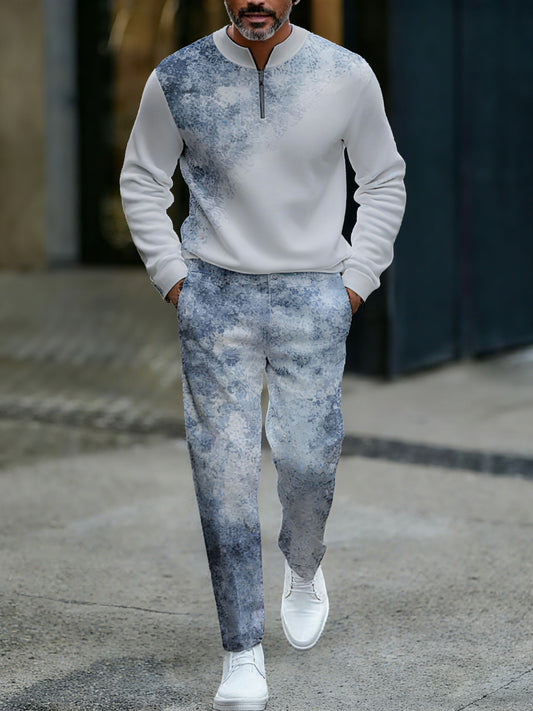 Men's Casual Color Matching Printed Round-Neck Zipper Long Sleeved Trousers Two-Piece Set