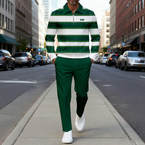 Men's Casual Green & White Color Matching Striped Printed Polo-Collar Zipper Long Sleeved Trousers Two-Piece Set