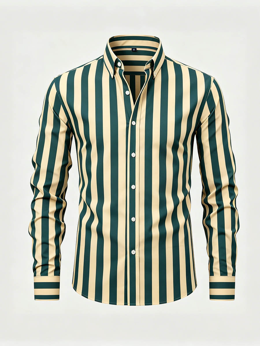 Men's Green & Yellow Color Matching Striped Printed Long Sleeve Shirt