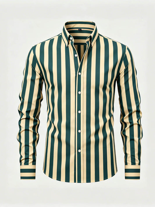 Men's Green & Yellow Color Matching Striped Printed Long Sleeve Shirt