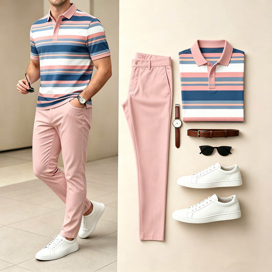 Men's Casual Pink & Blue Color Matching Striped Printed Short Sleeves Polo Shirt & Pants Two-Piece Set