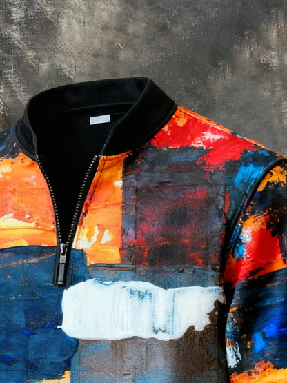 Men'S Casual Retro Contrast Color Half Zip Stand Collar Long Sleeve Sweatshirt