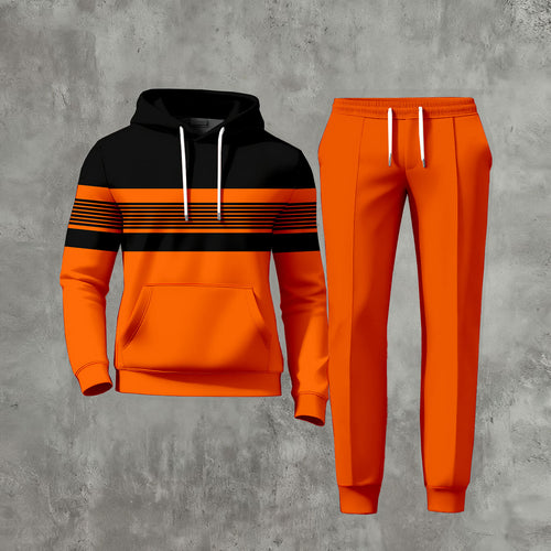 Men's Casual Orange And Black Striped Color Matching Printed Long-Sleeve Hoodies Sweatshirt & Trousers Two-Piece Set