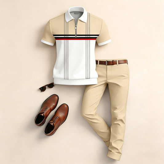 Men's Casual Striped Patchwork Print Short-Sleeve Polo Shirt And Pants Two-Piece Set