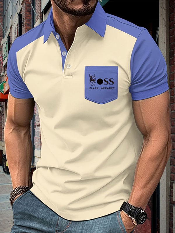 Men's Business Color-Blocked Logo Button-Down Short Sleeve Polo Shirt