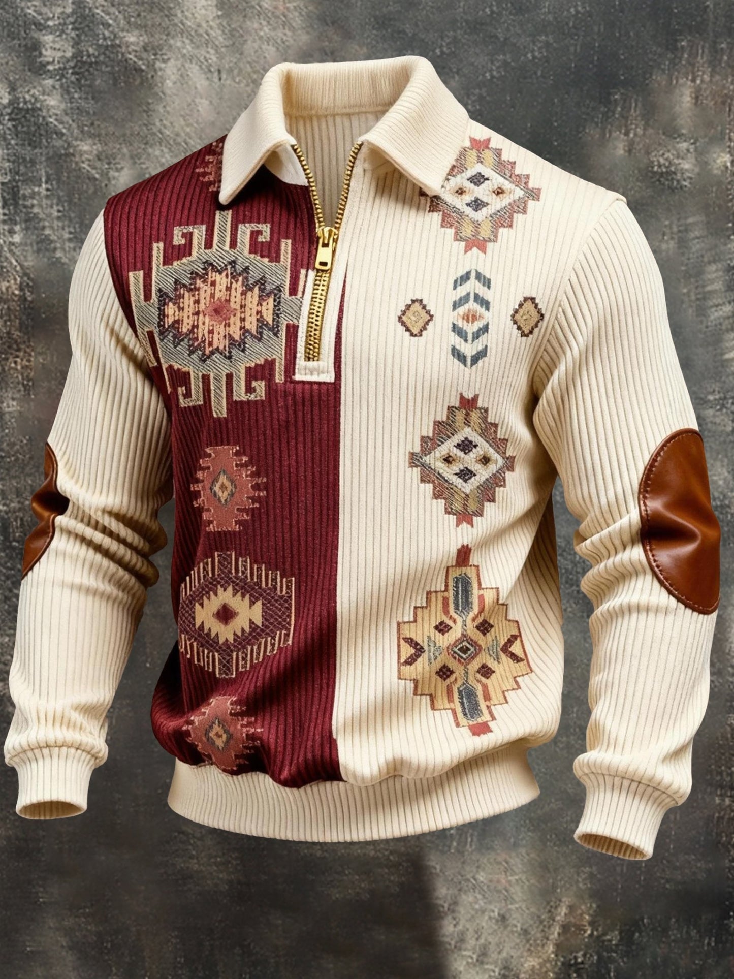 Men's Vintage Color-Block Printed Zip-Up Hoodie