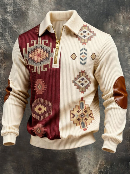 Men's Vintage Color-Block Printed Zip-Up Hoodie