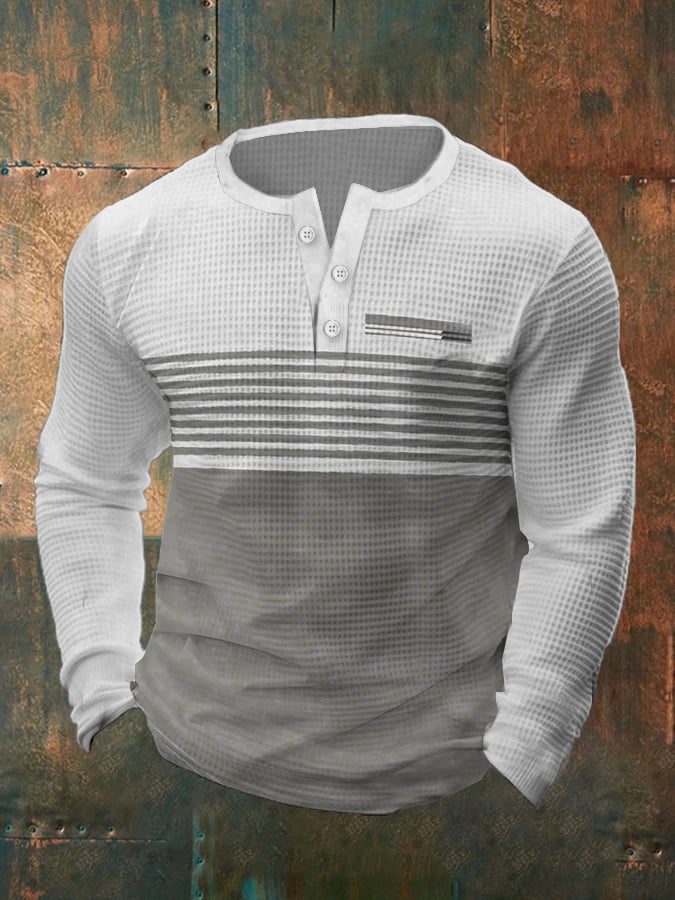 Men's Vintage Waffle Color Patch Henley Neck T-Shirt