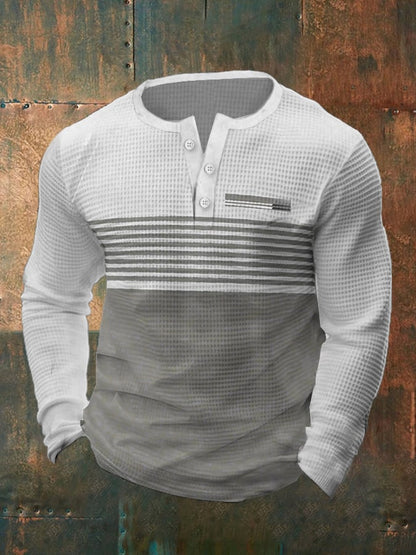 Men's Vintage Waffle Color Patch Henley Neck T-Shirt