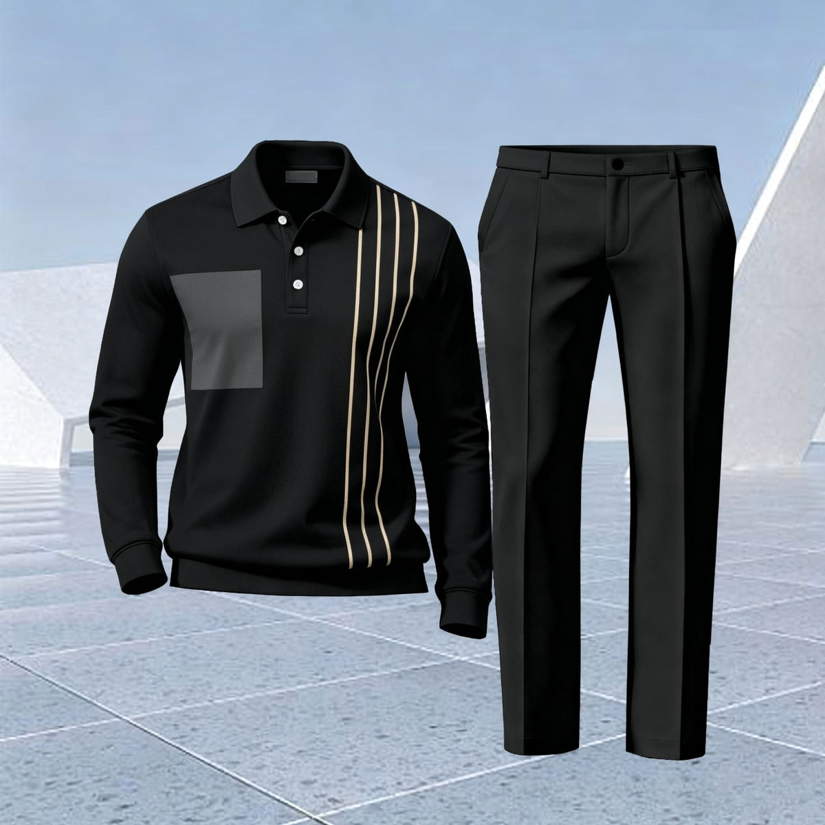 Men's Striped Checkered Polo Shirt and Pants Two-Piece Set