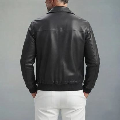 Men's Plain PU Leather Turndown Collar Slant Pockets Slim Zip-Up Bomber Jacket