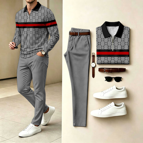 Men's Dark Gray Polo-Collar Zipper Long-Sleeve Shirt and Pants Two-Piece Set