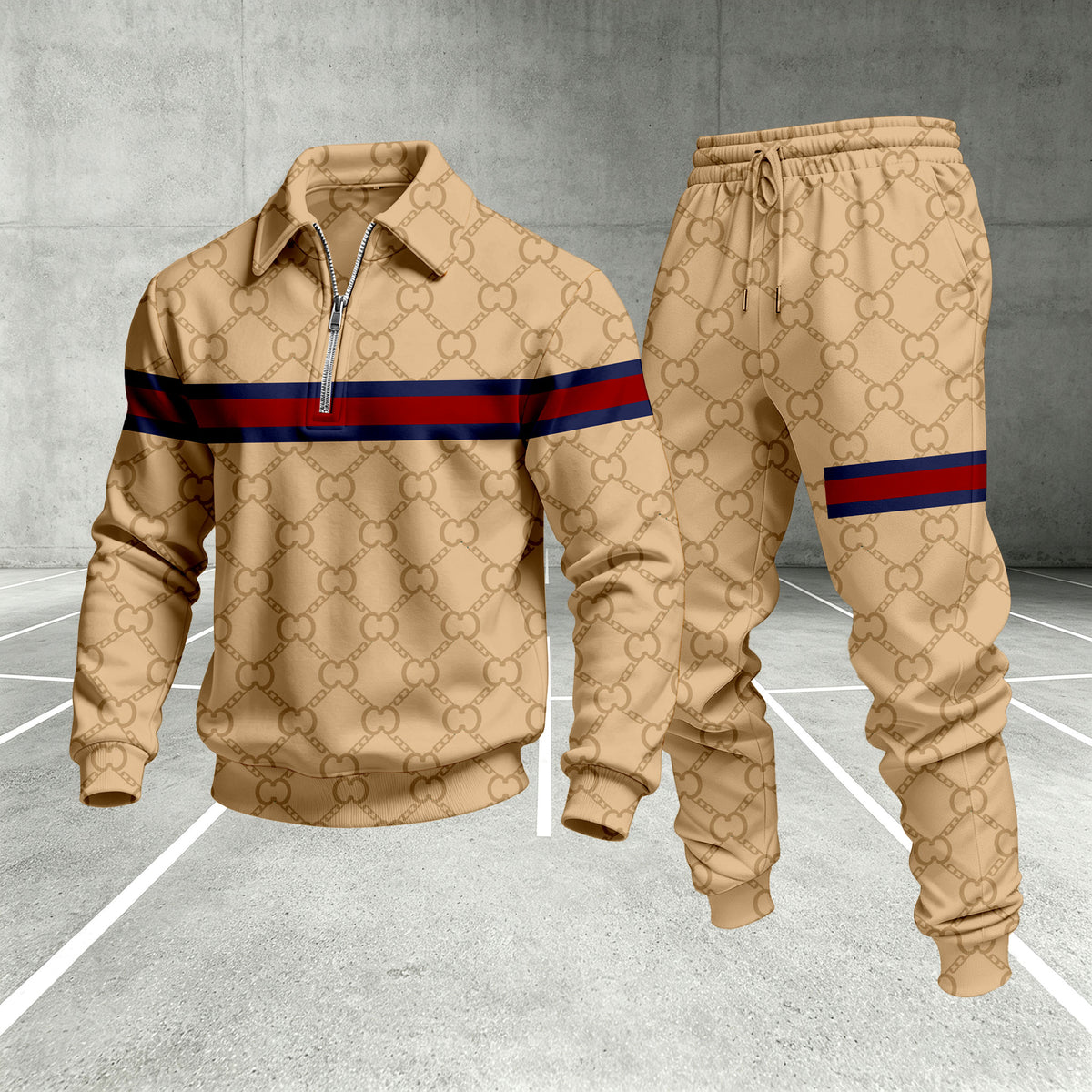 Men's Printed Zipper Polo Shirt and Pants Set