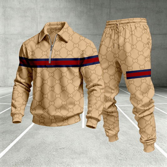 Men's Printed Zipper Polo Shirt and Pants Set