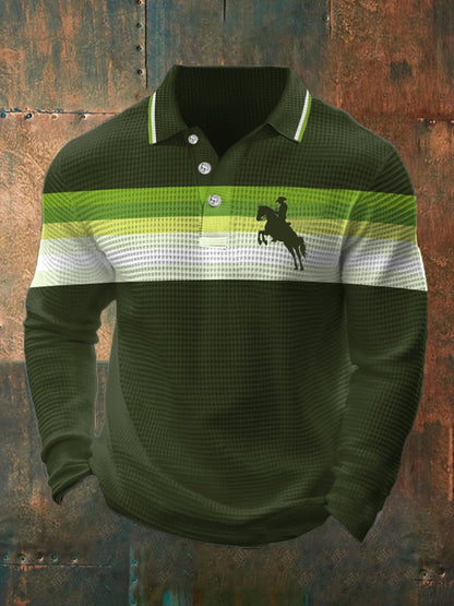 Men's Retro Lettering Design Waffle Fabric Long Sleeve Polo Shirt