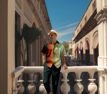 Men's retro colorblock short-sleeved shirt walking Suit 1696