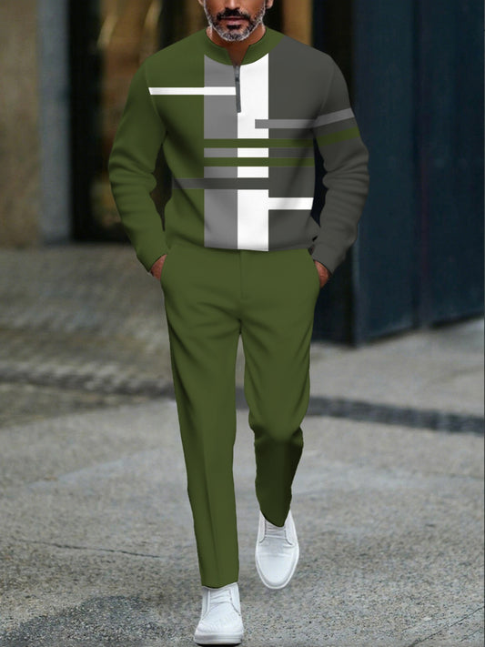 Men's Casual Green & Gray Color Matching Geometric Printed Round-Neck Zipper Long Sleeved Tops & Trousers Two-Piece Set