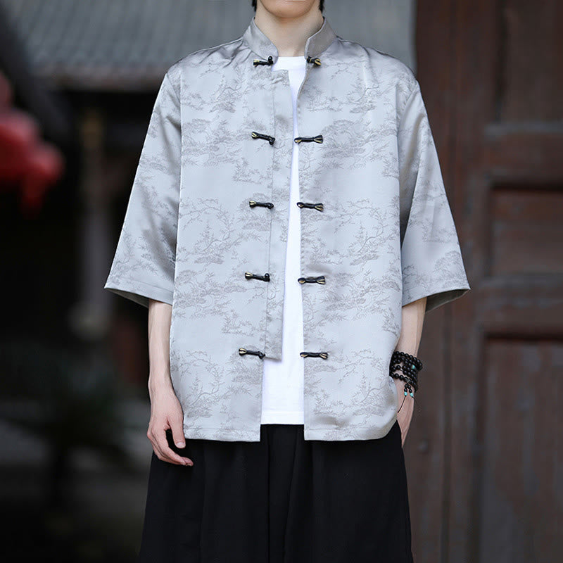 Buddha Stones Summer Pine Tree Mountain Pattern Half Sleeve Frog-Button Design Men's Shirt