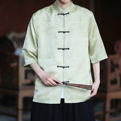 Buddha Stones Summer Pine Tree Mountain Pattern Half Sleeve Frog-Button Design Men's Shirt