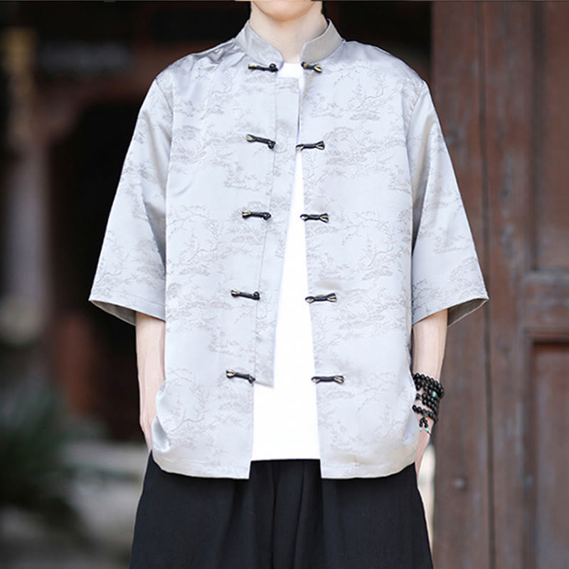 Buddha Stones Summer Pine Tree Mountain Pattern Half Sleeve Frog-Button Design Men's Shirt