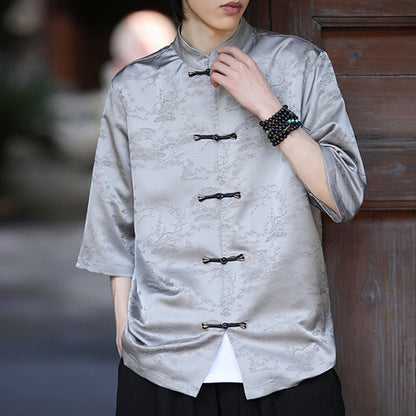 Buddha Stones Summer Pine Tree Mountain Pattern Half Sleeve Frog-Button Design Men's Shirt