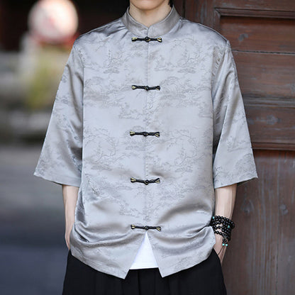 Buddha Stones Summer Pine Tree Mountain Pattern Half Sleeve Frog-Button Design Men's Shirt