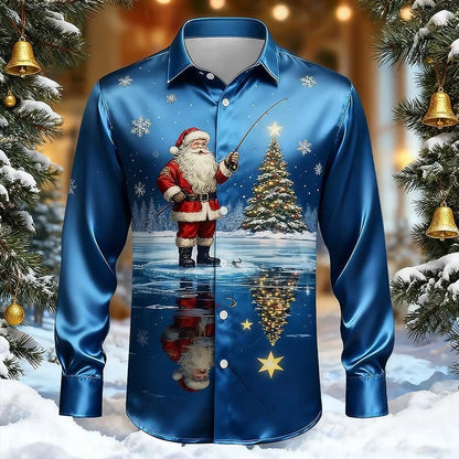 Men’s Long-Sleeve Satin Shirt – Featuring Santa Claus, Christmas Trees, And Reindeer – Stylish Casual Wear For Holiday Parties