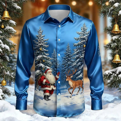 Men’s Long-Sleeve Satin Shirt – Featuring Santa Claus, Christmas Trees, And Reindeer – Stylish Casual Wear For Holiday Parties