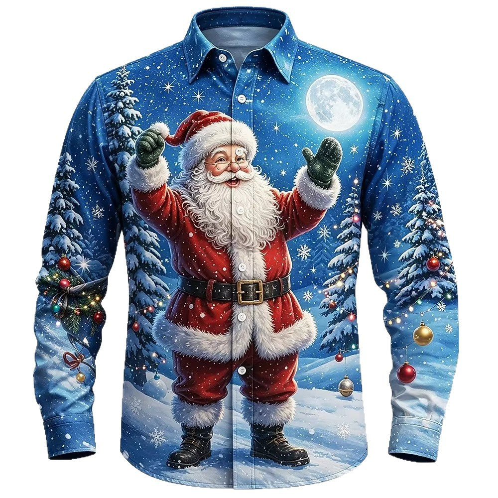 Men’s Long-Sleeve Satin Shirt – Featuring Santa Claus, Christmas Trees, And Reindeer – Stylish Casual Wear For Holiday Parties