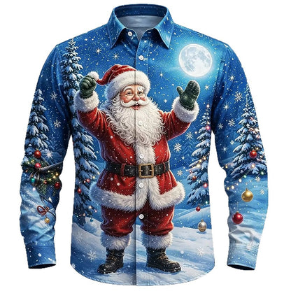 Men’s Long-Sleeve Satin Shirt – Featuring Santa Claus, Christmas Trees, And Reindeer – Stylish Casual Wear For Holiday Parties