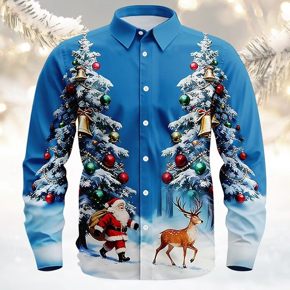 Men’s Long-Sleeve Satin Shirt – Featuring Santa Claus, Christmas Trees, And Reindeer – Stylish Casual Wear For Holiday Parties