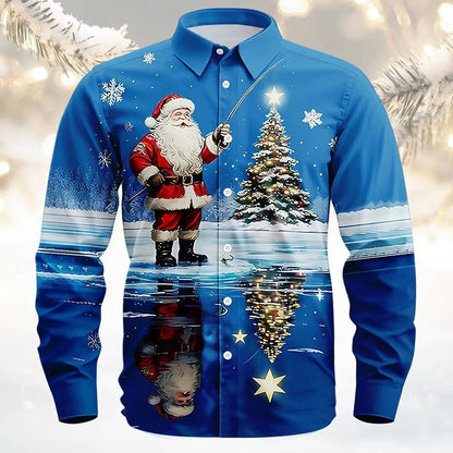 Men’s Long-Sleeve Satin Shirt – Featuring Santa Claus, Christmas Trees, And Reindeer – Stylish Casual Wear For Holiday Parties